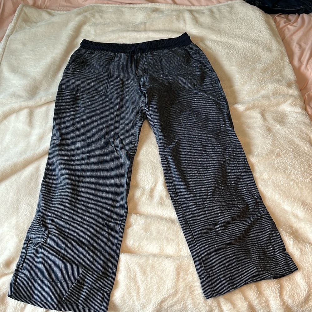 Wide leg linen pants - navy blue with white stripes W14